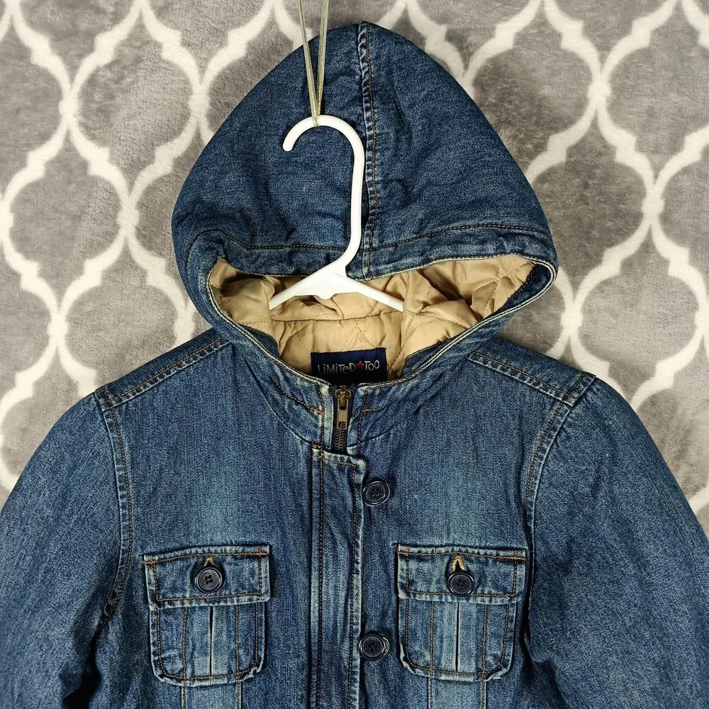 Limited Too Denim Jacket Girls Size 10 Blue Hooded Quilted Lined Y2K